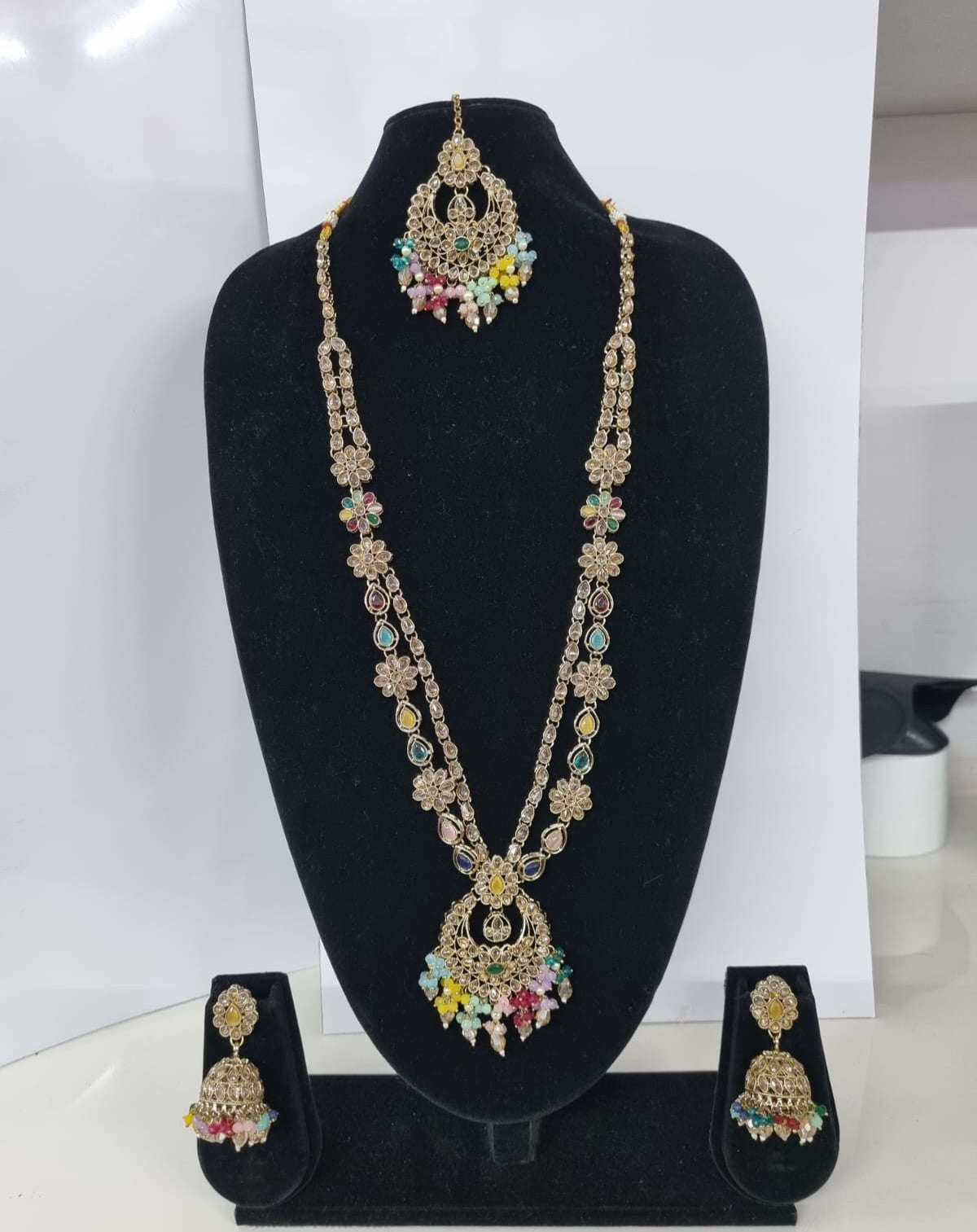 Rose Petal Pink Stone Long Necklace Set with Jhumkas