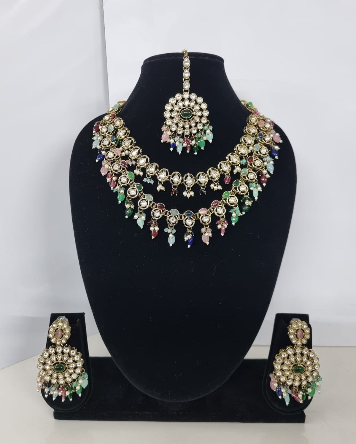 Royal Blue Layered Necklace Set Round Earrings & Maang Tikka