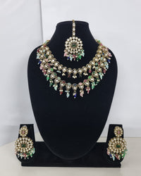 Royal Blue Layered Necklace Set Round Earrings & Maang Tikka