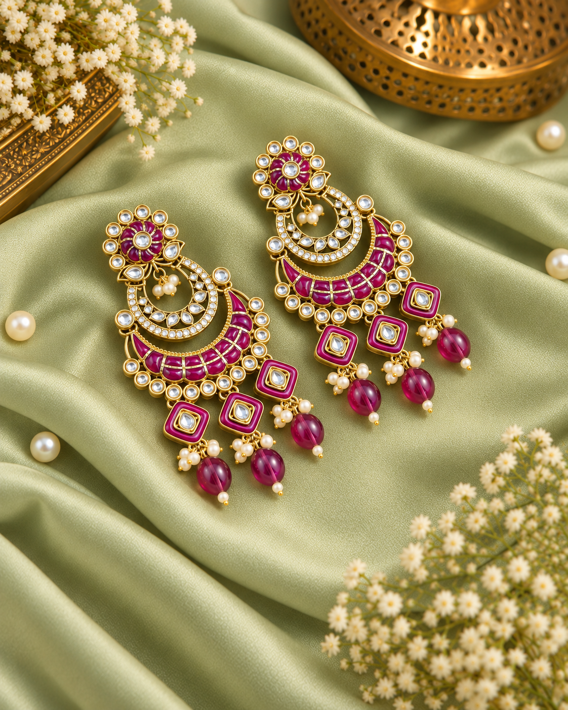 Royal Chandbali Statement Earrings with Meenakari & Pearl Drops