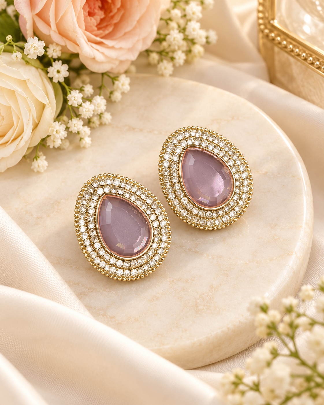 TEARDROP STONE HALO STUD EARRINGS