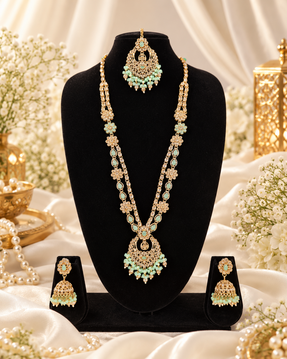 Rose Petal Pink Stone Long Necklace Set with Jhumkas