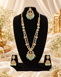 Rose Petal Pink Stone Long Necklace Set with Jhumkas
