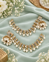Square Stud Pearl Jhumkas with Ear-to-Hair Chains