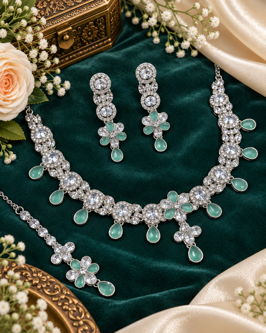 Floral Choker CZ Necklace Set with Maang Tikka & Earrings