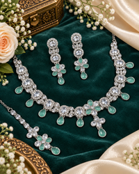 Floral Choker CZ Necklace Set with Maang Tikka & Earrings