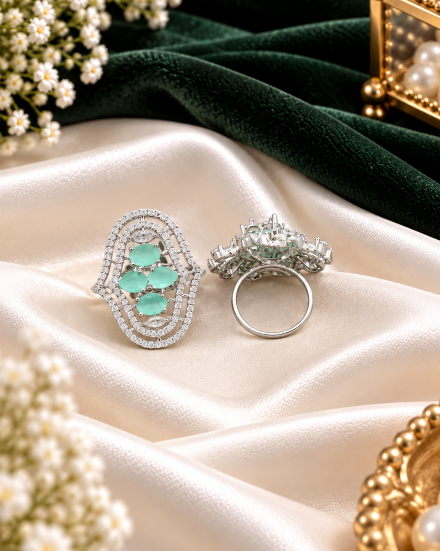 Oval Statement Ring Vibrant Multi Stone American Diamond Ring for Wedding