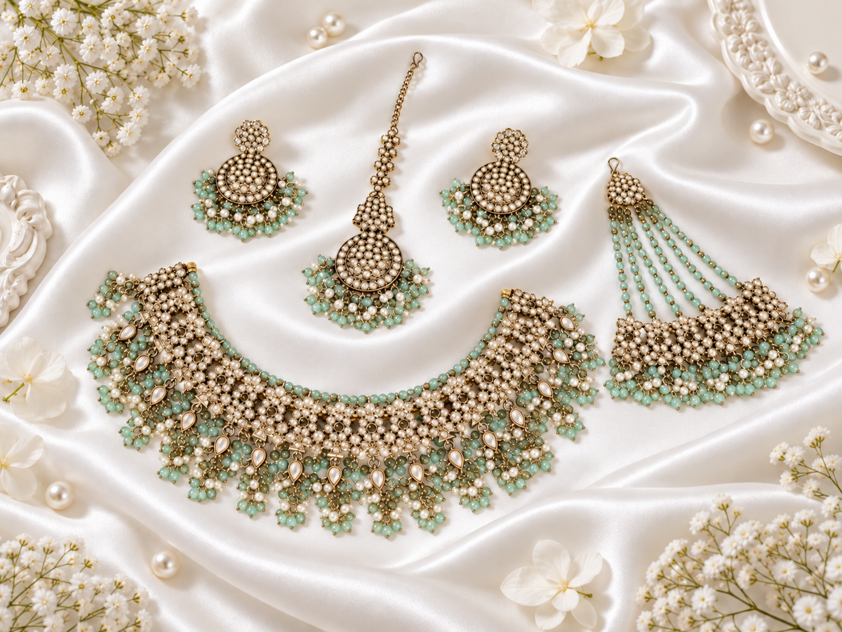 Classic White Beaded Traditional Wedding Jewelry Set