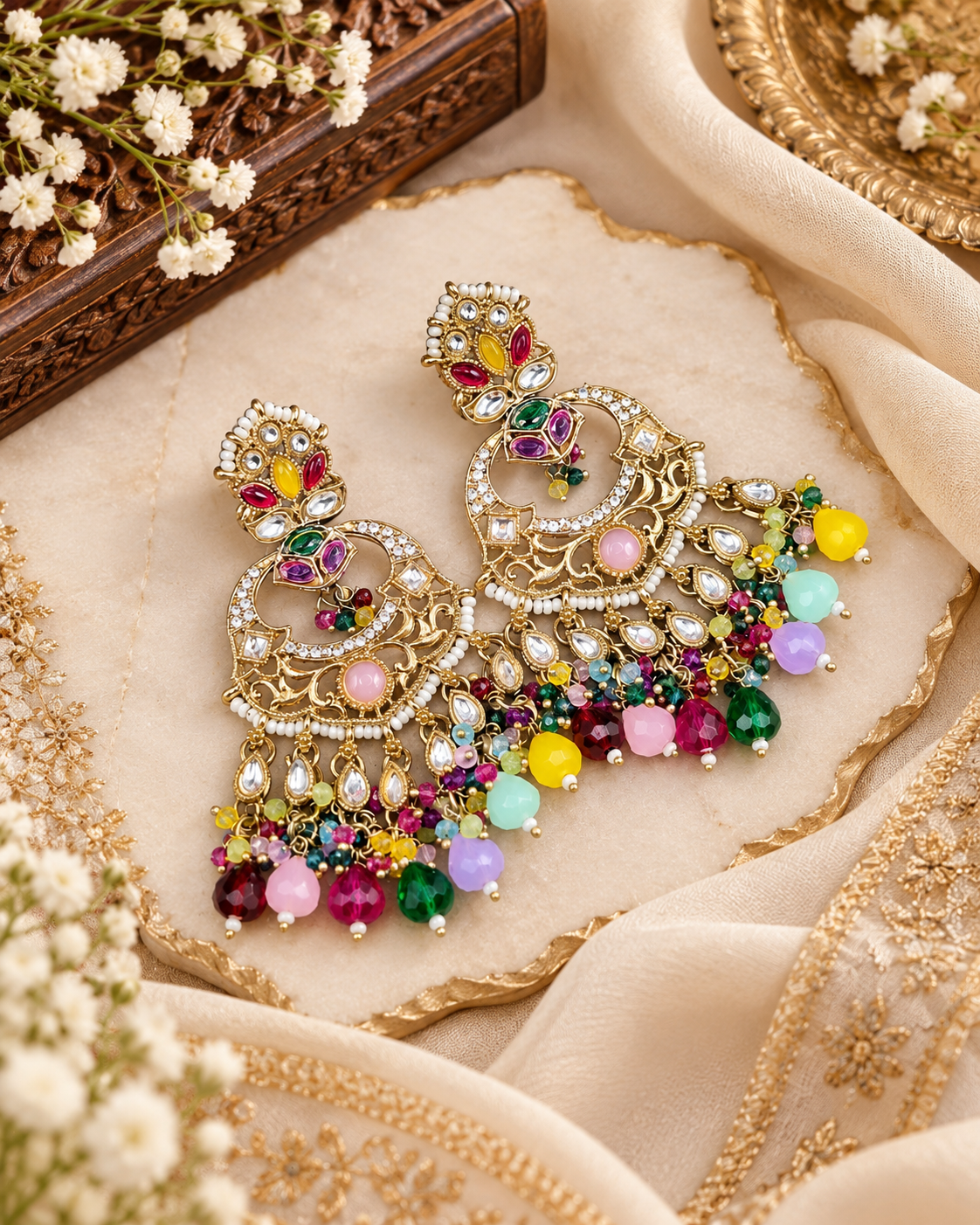 Grand Chandbali Statement Earrings with Bead Droplets