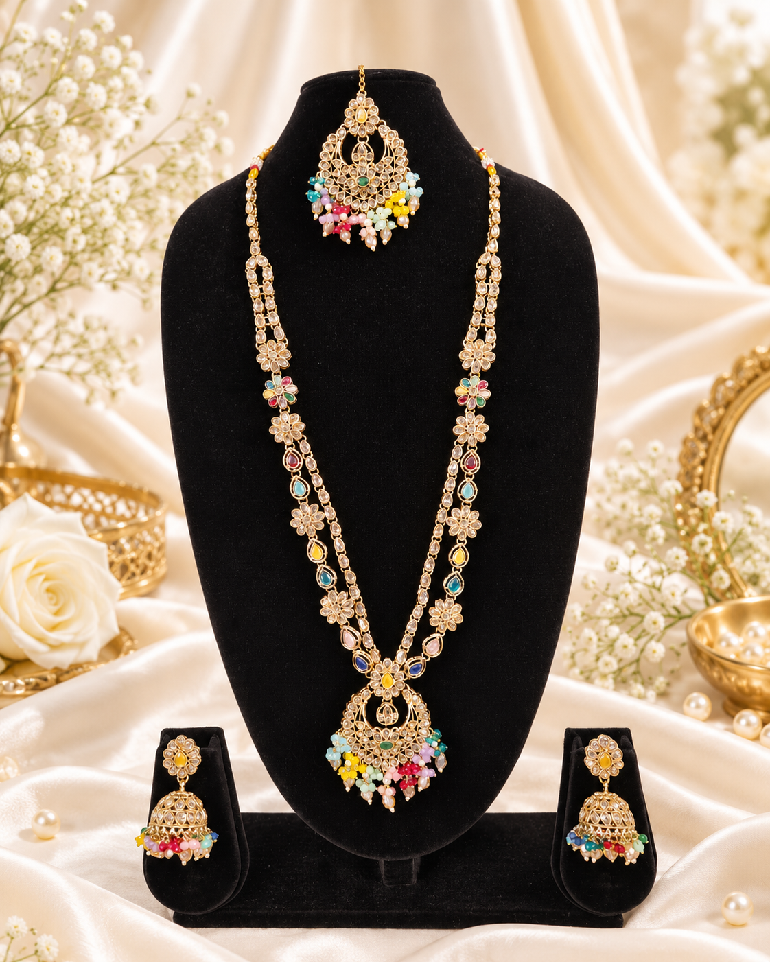 Rose Petal Pink Stone Long Necklace Set with Jhumkas
