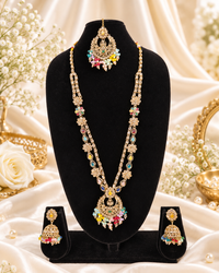 Rose Petal Pink Stone Long Necklace Set with Jhumkas