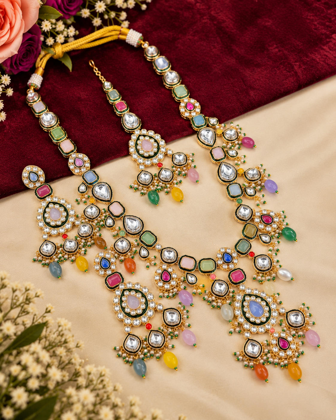 Bridal Kundan Necklace Set with Maang Tikka & Earrings
