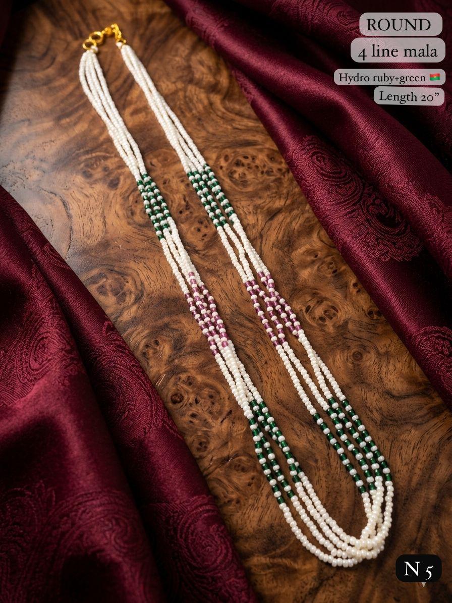 Elegant 4-Line Pearl & Hydro Bead Mala Necklace 20 Lenght Kantha Mala