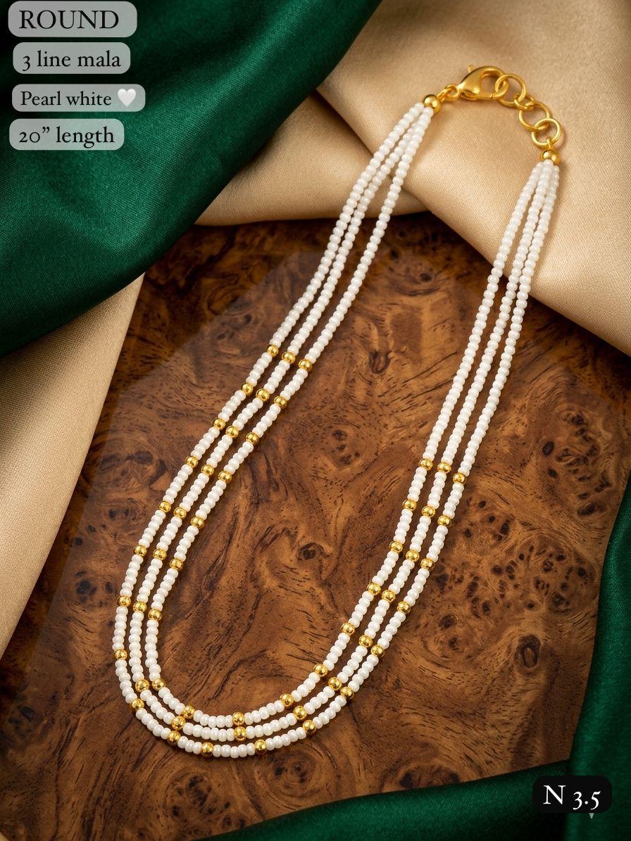 Elegant 3-Line White Bead Mala Necklace – 20" Lenght  Festal Kantha Mala