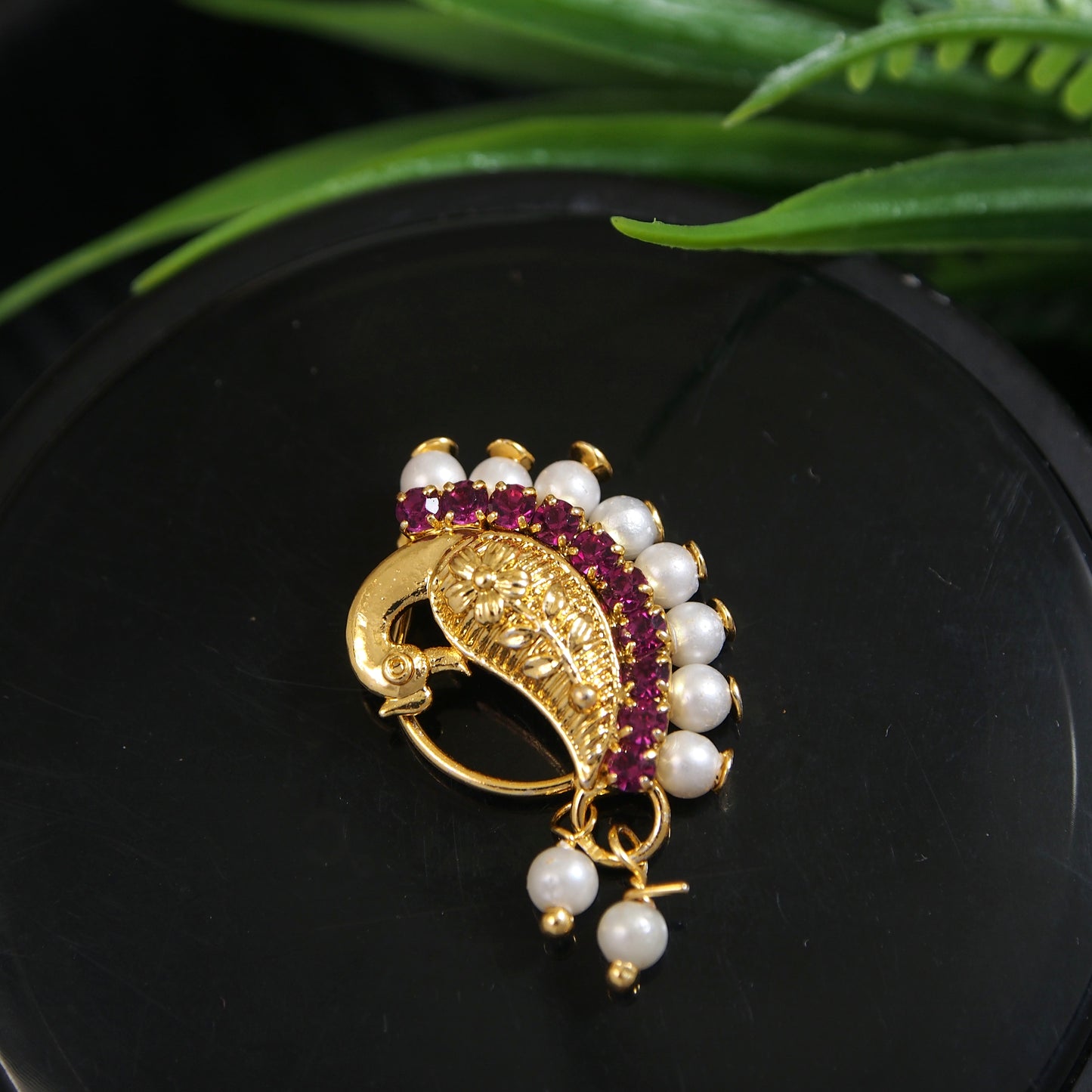 Classic Gold Plated Peacock Design Maharashtrian Nath Traditional CZ Stones Non Piercing Stud For Women And Girl