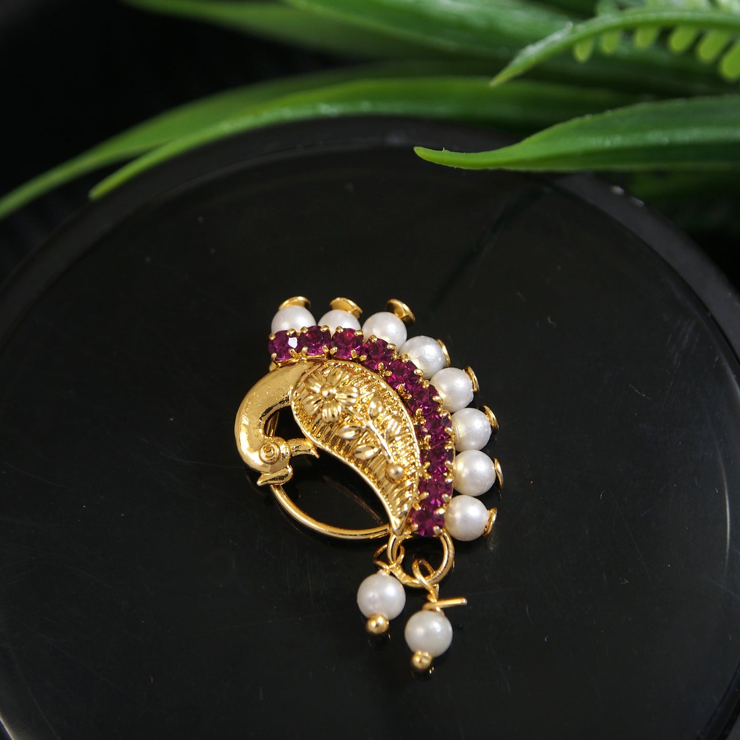 Classic Gold Plated Peacock Design Maharashtrian Nath Traditional CZ Stones Non Piercing Stud For Women And Girl