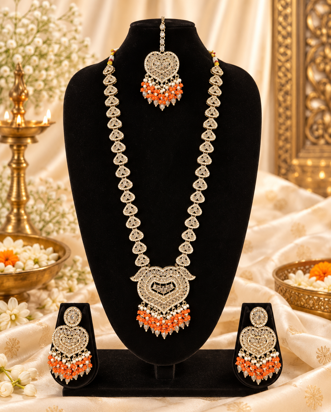 Lavender Purple Heart Shaped Long Necklace Set with Earrings & Maang Tikka