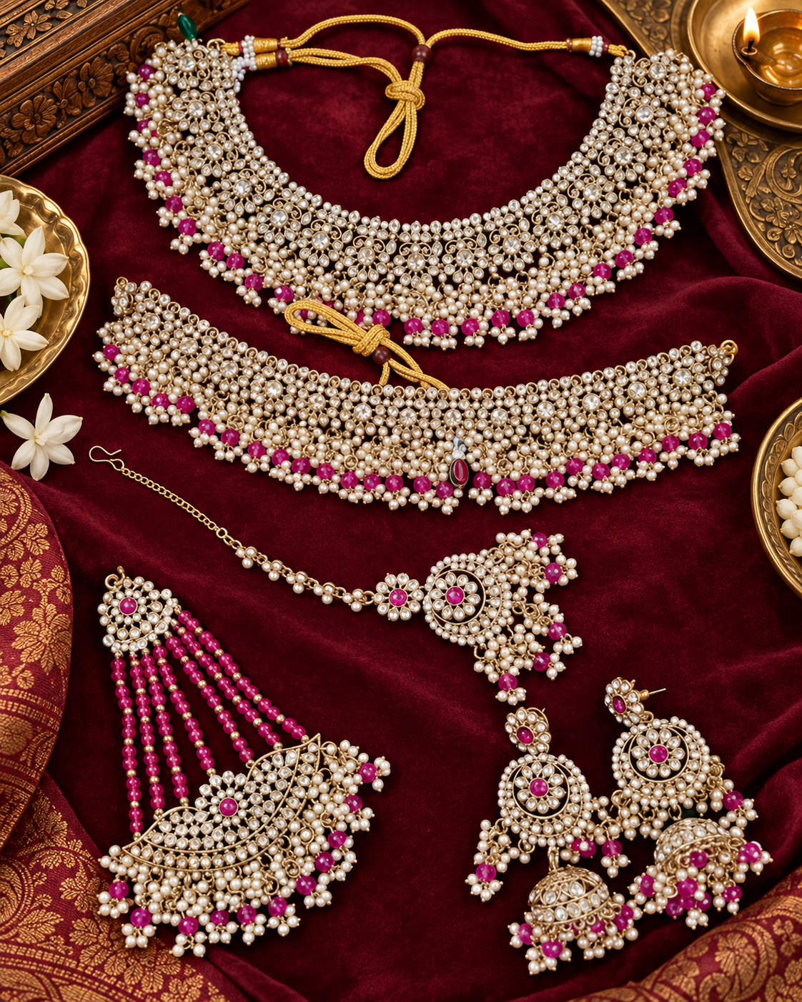 Shadaw Stone Bridal Jewelry Set Choker Necklace, Earring, Maang Tikka & Passa For Woman