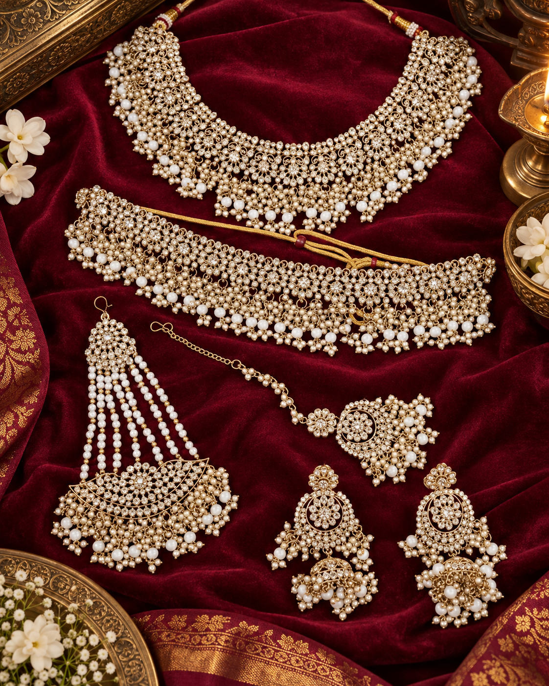 Shadaw Stone Bridal Jewelry Set Choker Necklace, Earring, Maang Tikka & Passa For Woman