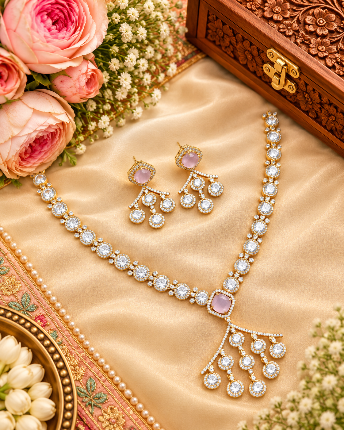 Minimalist Stone-Studded Ethnic Necklace Set with Drop Earrings