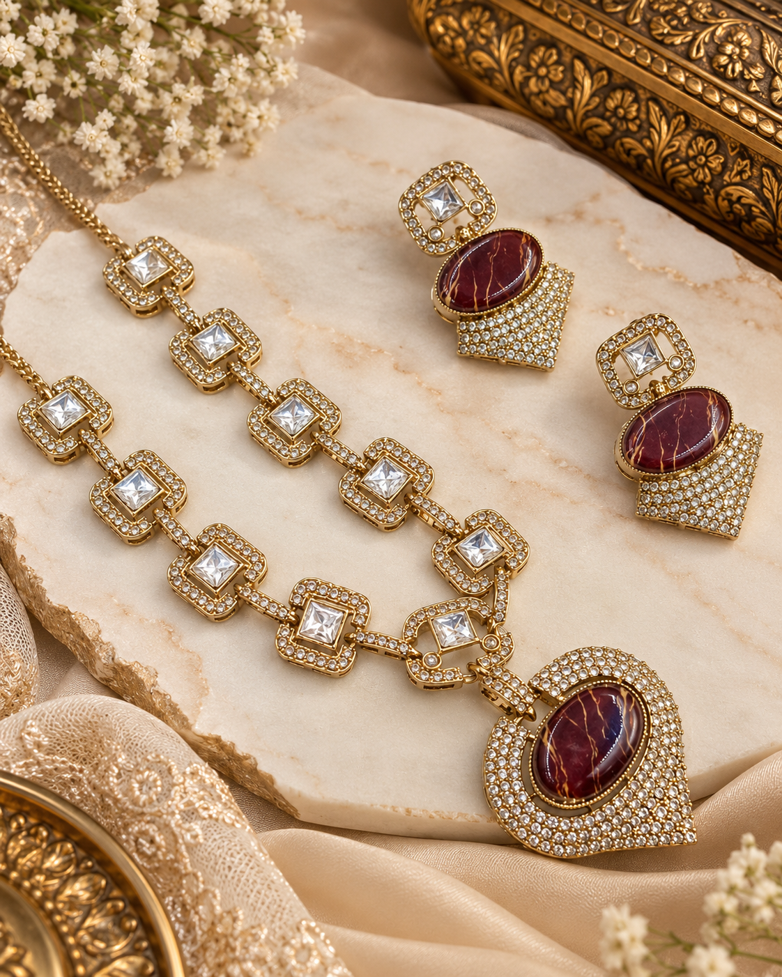 traditional Kundan Gold Finished Jewellery Set Geometric Necklace & Earrins