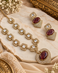 traditional Kundan Gold Finished Jewellery Set Geometric Necklace & Earrins