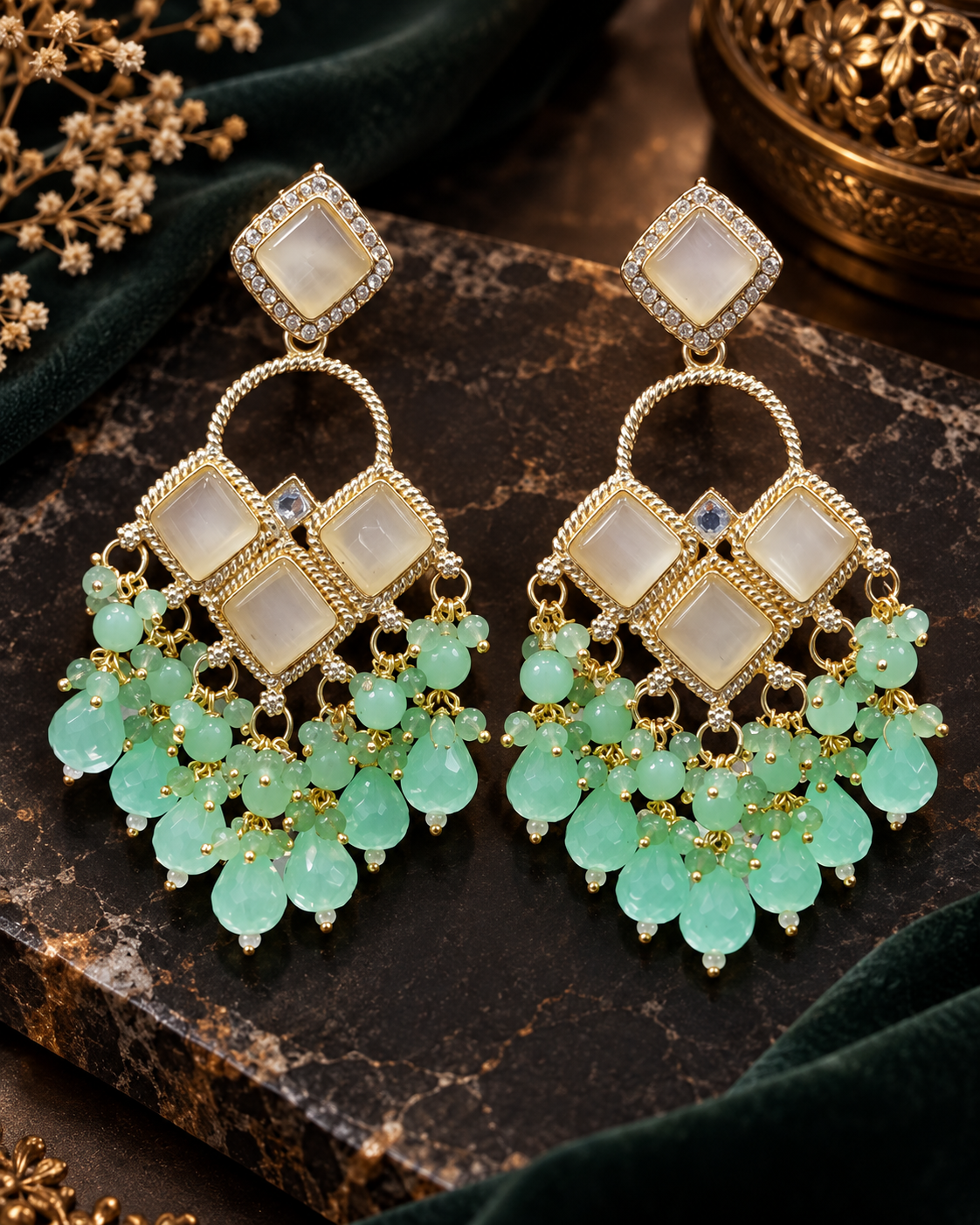 Square Stone Earrings Gold Plated Geometric Drop Dangles