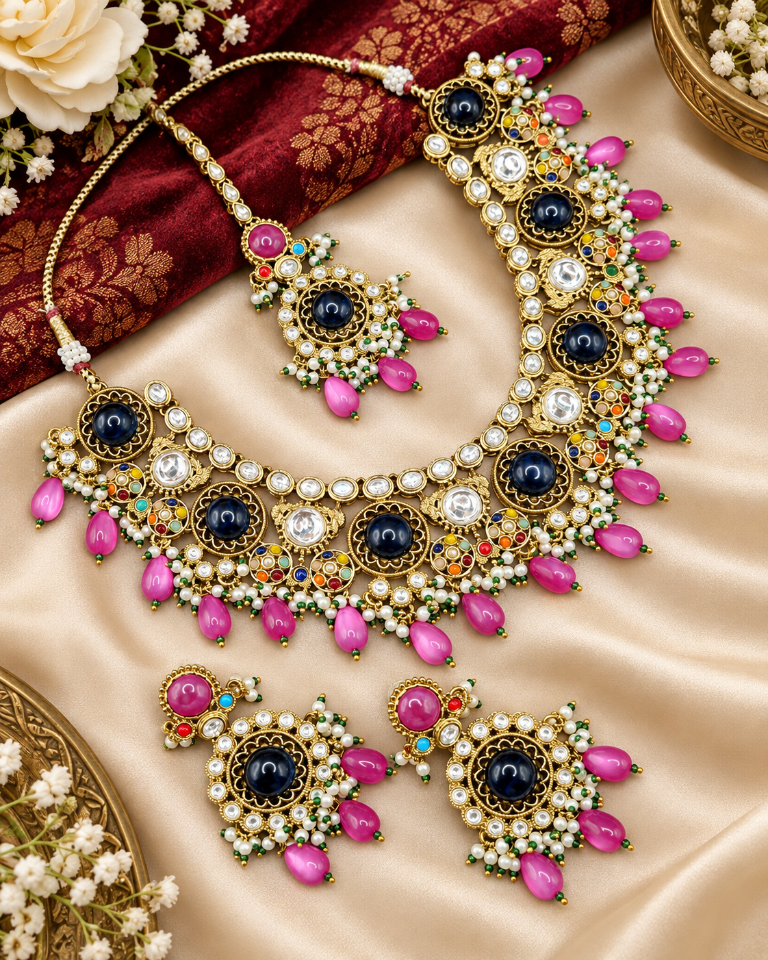 Traditional Gold-Tone Kundan Choker Set with Pearl Accents