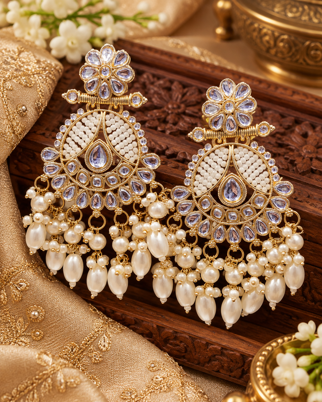 Stylish Kundan Pearl and Drops Earrings For Woman