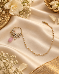 TRADITIONAL KUNDAN & DROP BEAD NOSE RING WITH HAIR CHAIN