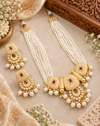 Meenakari Copper Pearl Mala Necklace Set with Matching Earrings