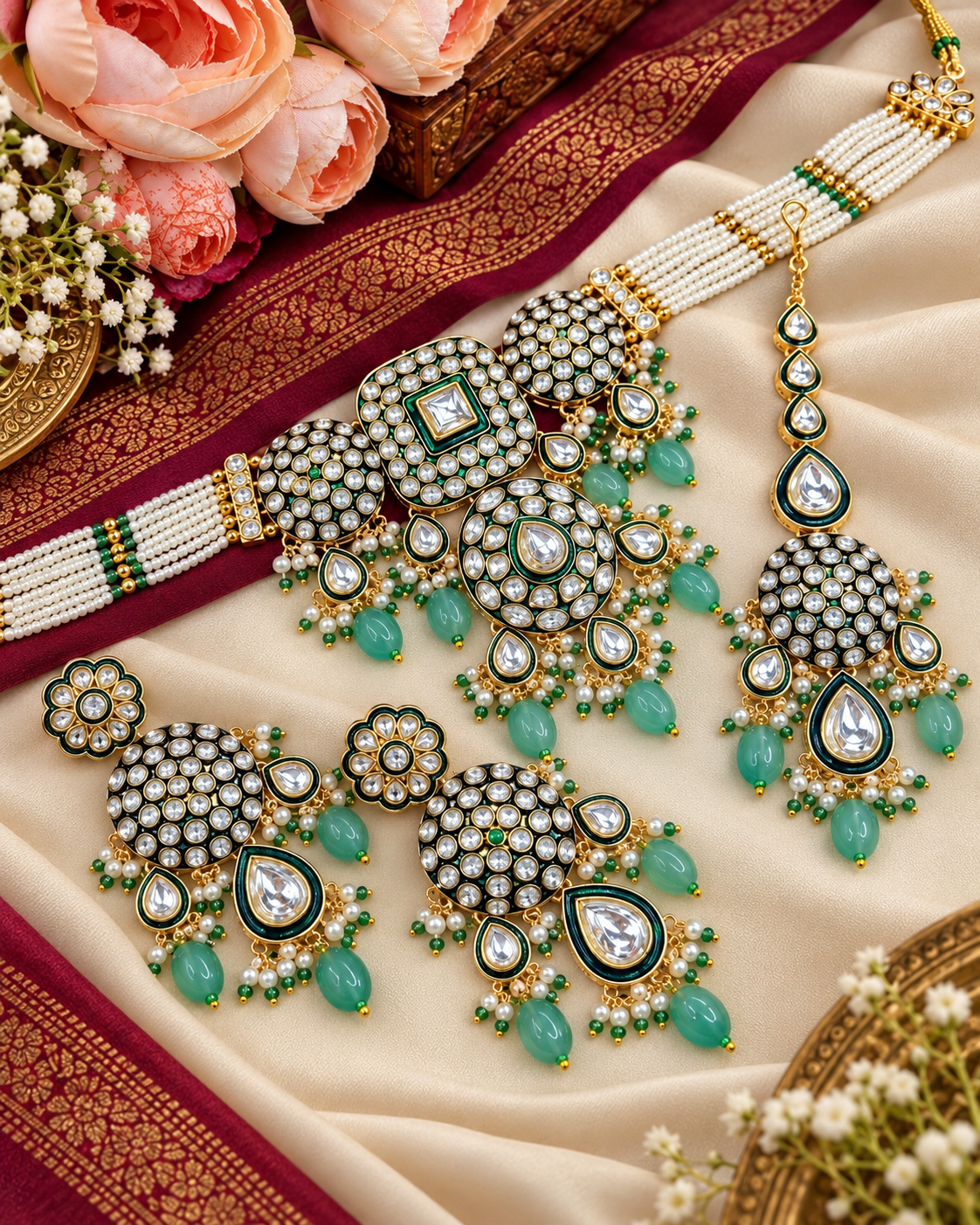 Royal Kundan & Pearl Choker Necklace Set with Maang Tikka & Earrings