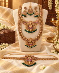 Royal South Indian Temple Bridal Combo Set - Laxmi Haram, Choker, Jhumka, Mang Tikka & Vaddanam