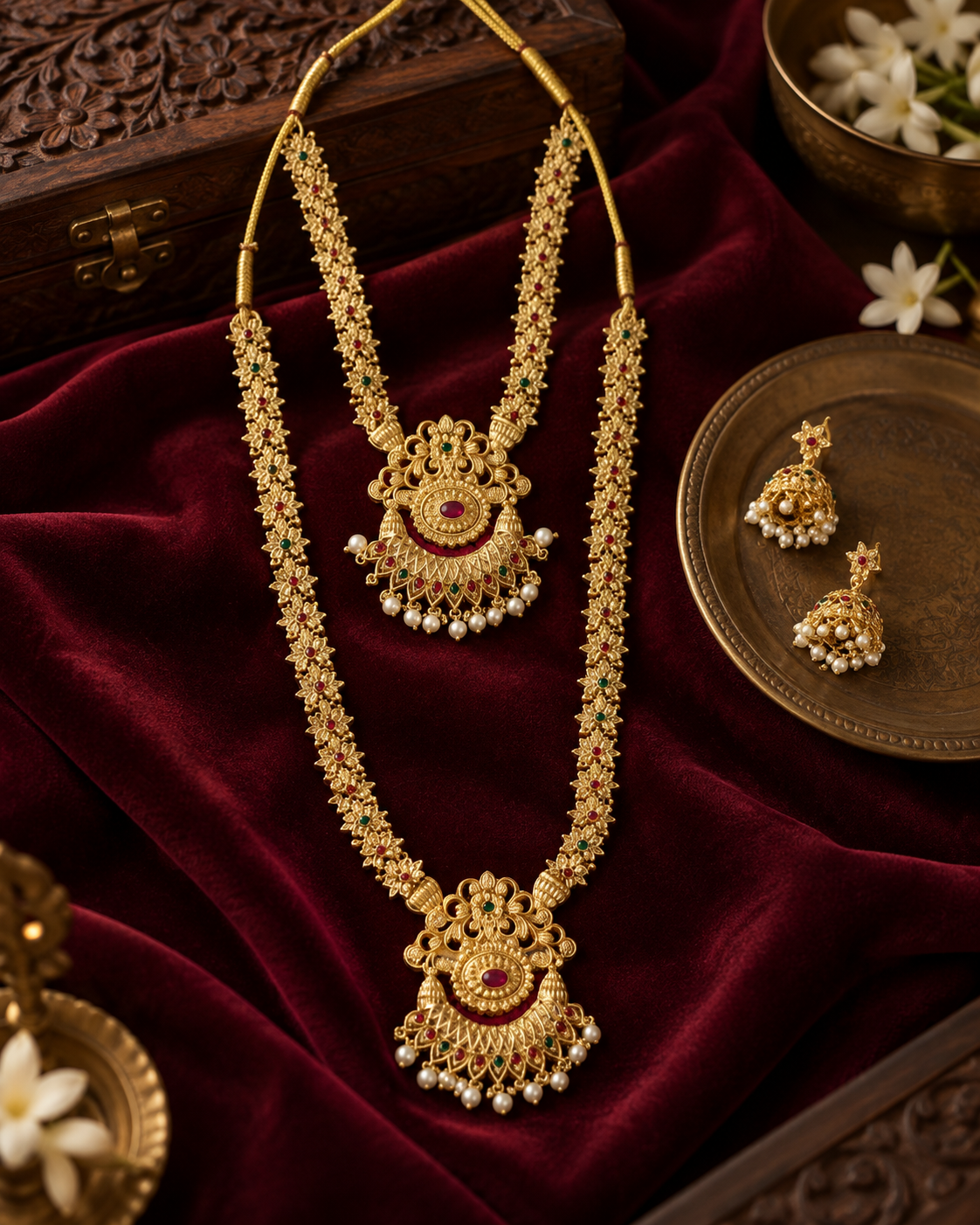 Traditional South Indian Temple Short & Long Haram Combo Set with Earrings