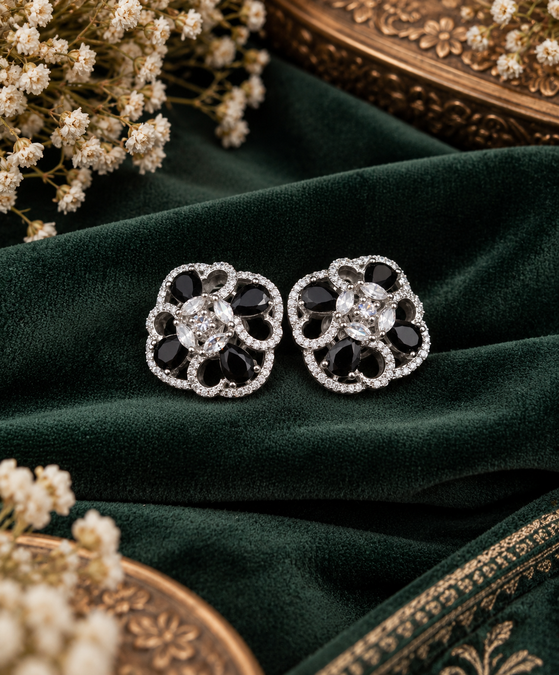 Floral American Diamond Statement Stud Earrings