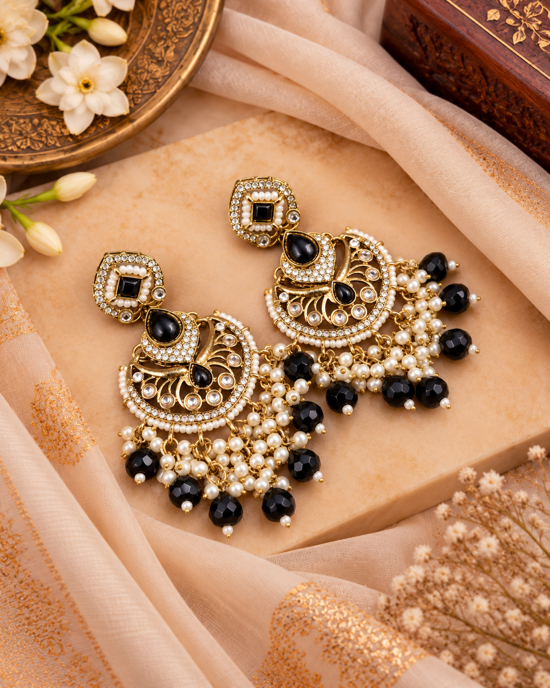 Statement Chandbali Earrings with Pearl & Bead Drops