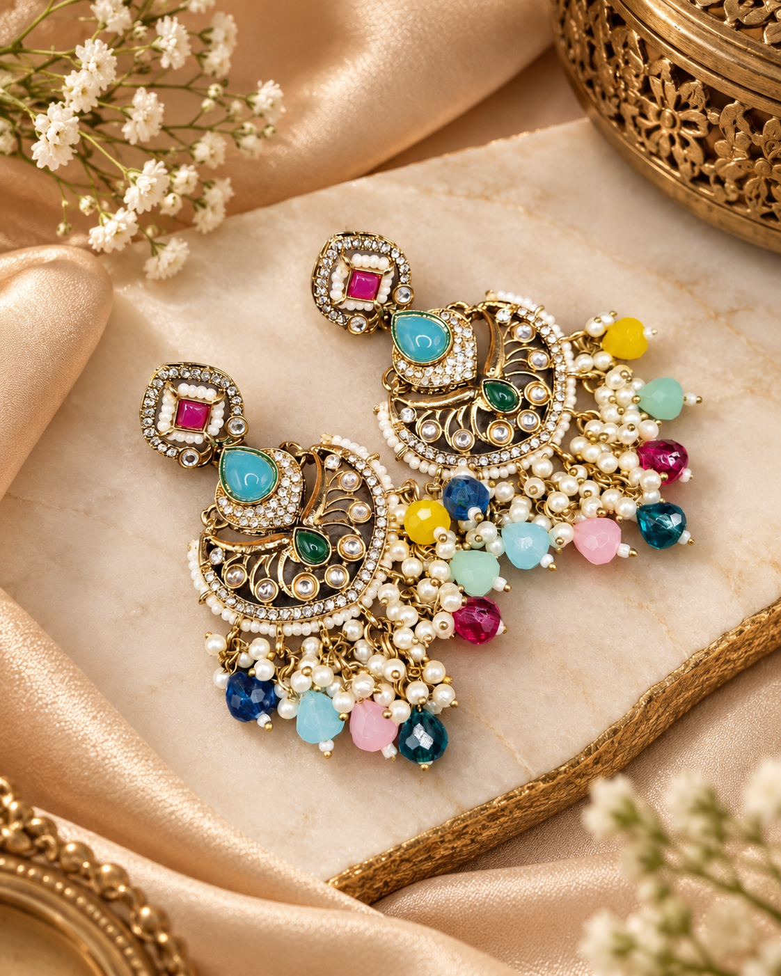 Statement Chandbali Earrings with Pearl & Bead Drops
