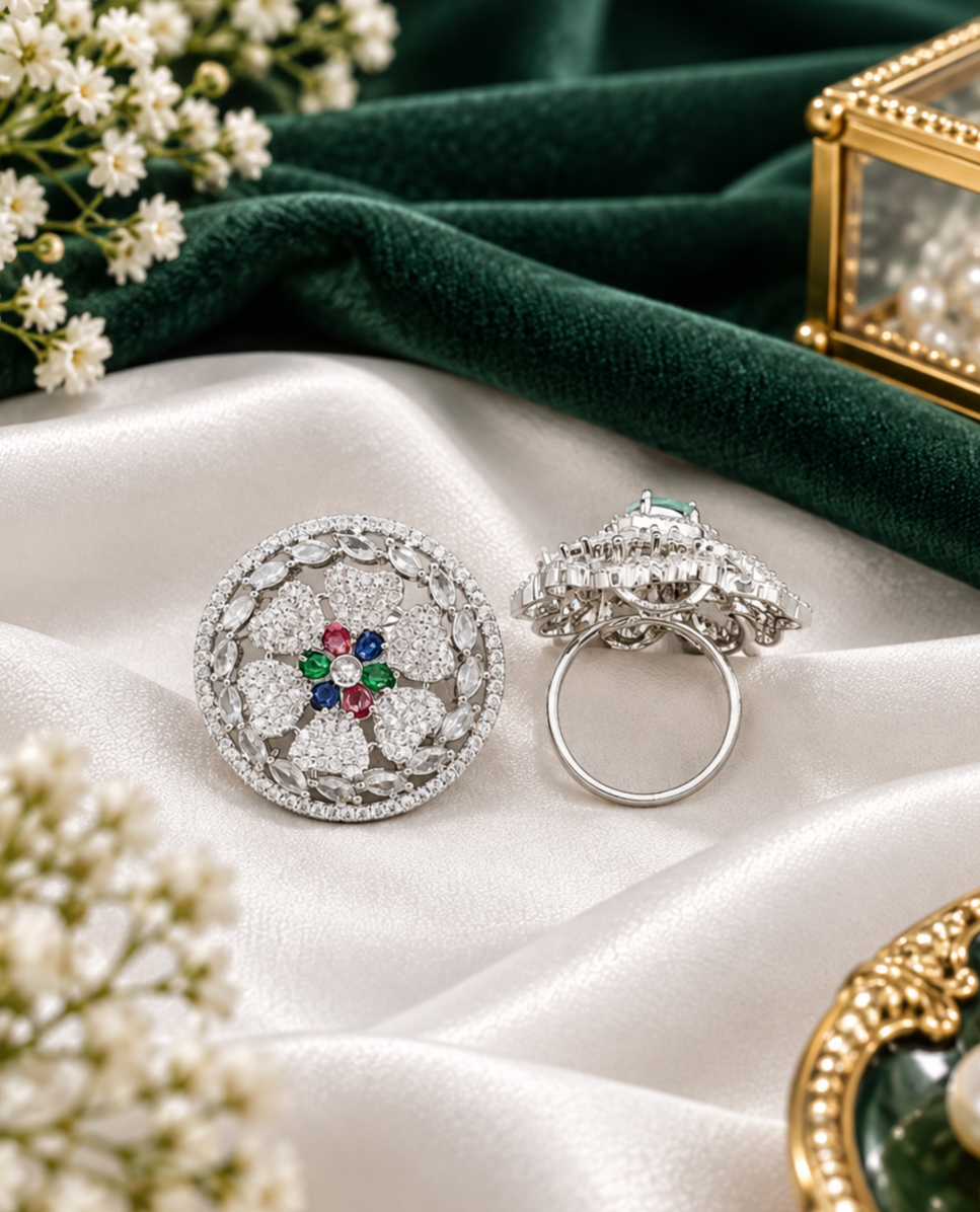 Multi-Color Gemstone Floral Medallion Ring