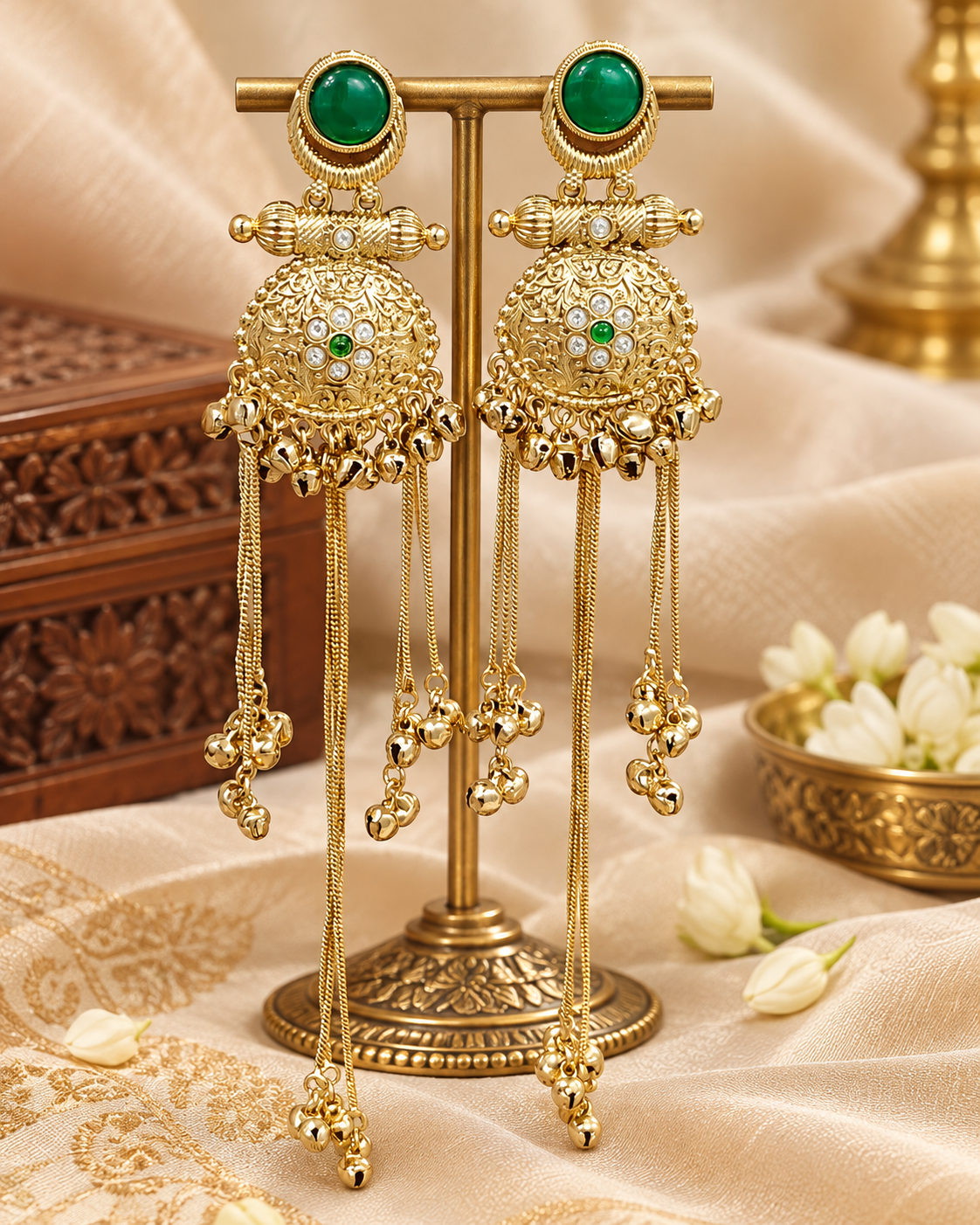 Kashmiri Style Green Long Earrings