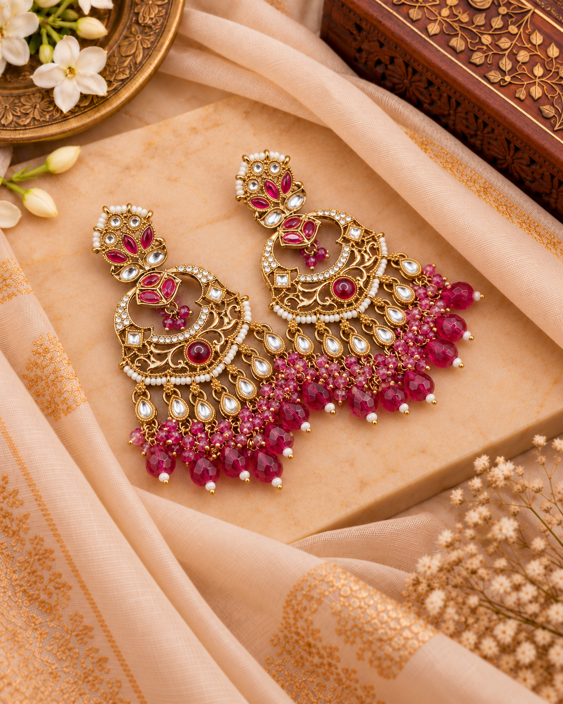 Grand Chandbali Statement Earrings with Bead Droplets