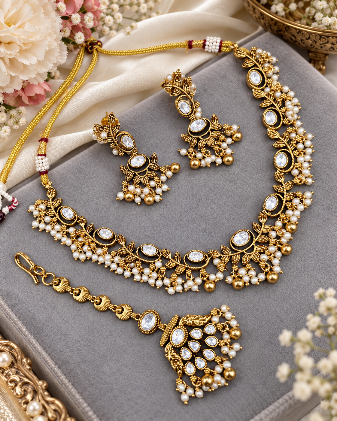 Intricate Stone Studded Floral Jewelry Set