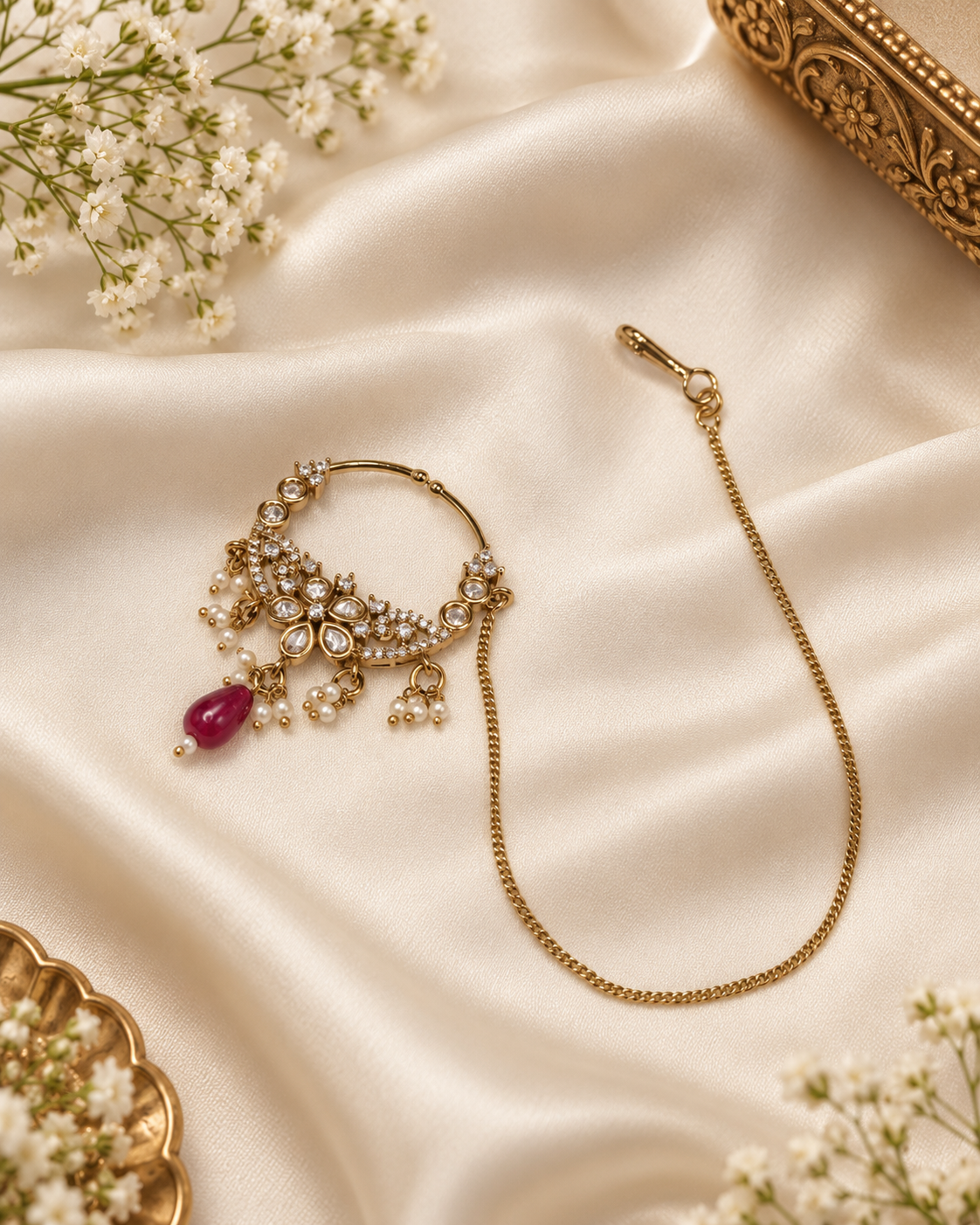 TRADITIONAL KUNDAN & DROP BEAD NOSE RING WITH HAIR CHAIN