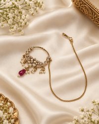 TRADITIONAL KUNDAN & DROP BEAD NOSE RING WITH HAIR CHAIN