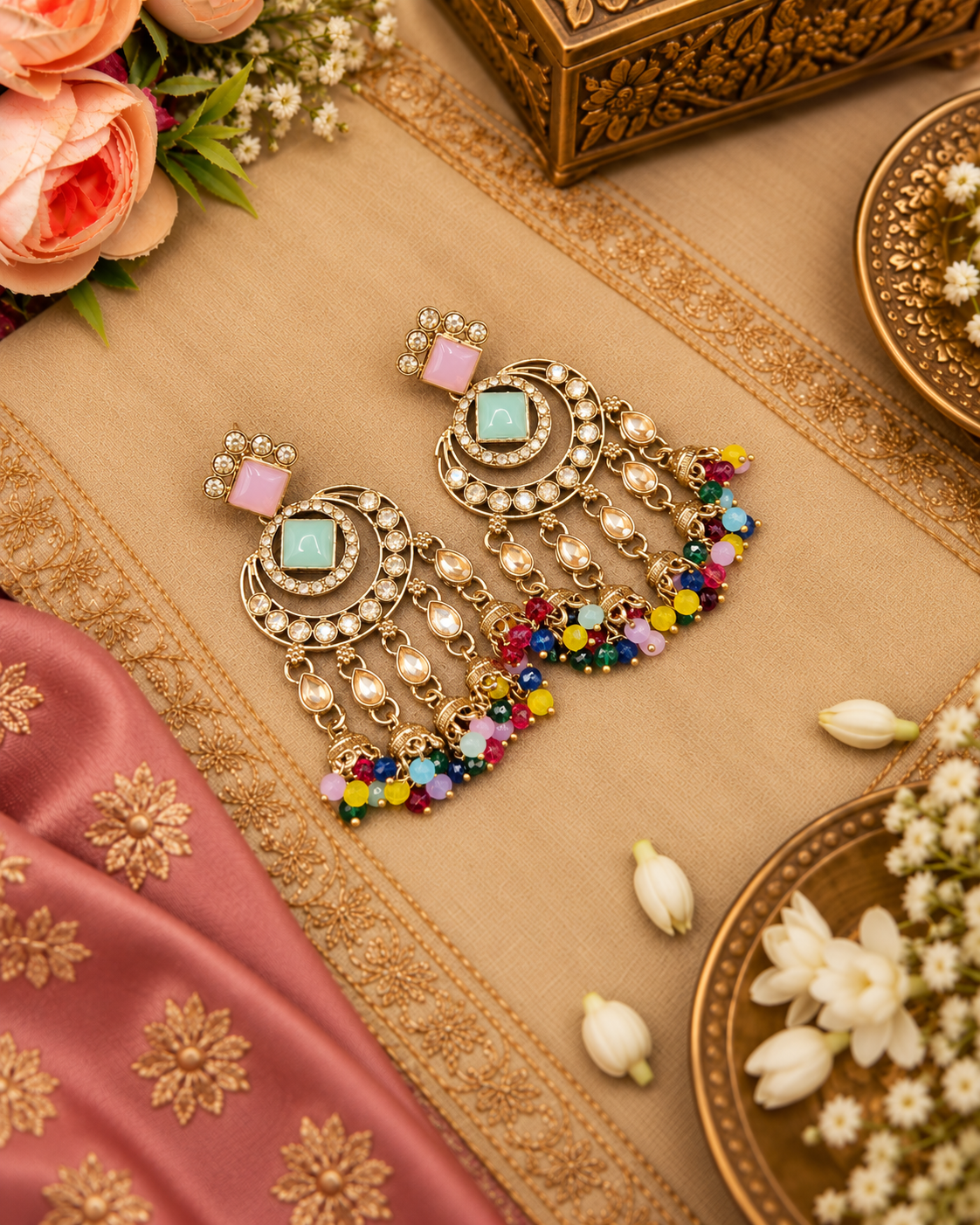 GEOMETRIC STONE-STUDDED CHANDBALI STATEMENT EARRINGS
