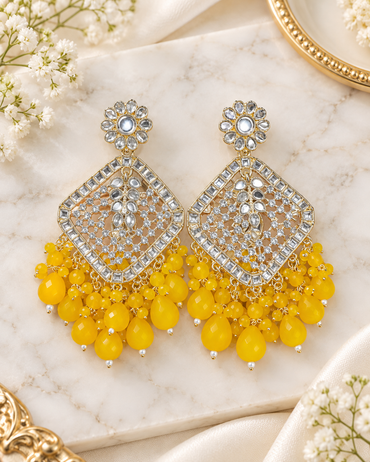 Square Emerald Green Crystal  Kundan Drop Earrings Gold Plated Jali Work Dangles