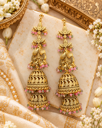 Ethnic Temple Motif Layered Jhumkas with Hair Chains