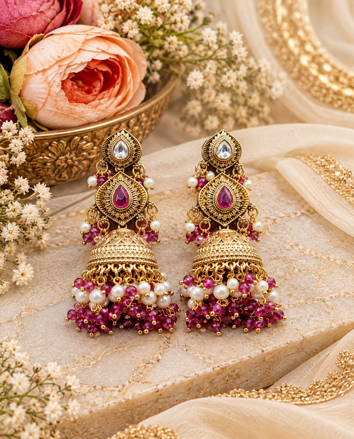 Antique Gold Finish Beaded Jhumka Earrings