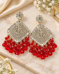 Square Emerald Green Crystal  Kundan Drop Earrings Gold Plated Jali Work Dangles