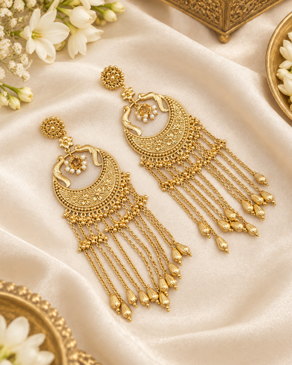 Peacock Motif Chandbali Earrings with Tassel Chains