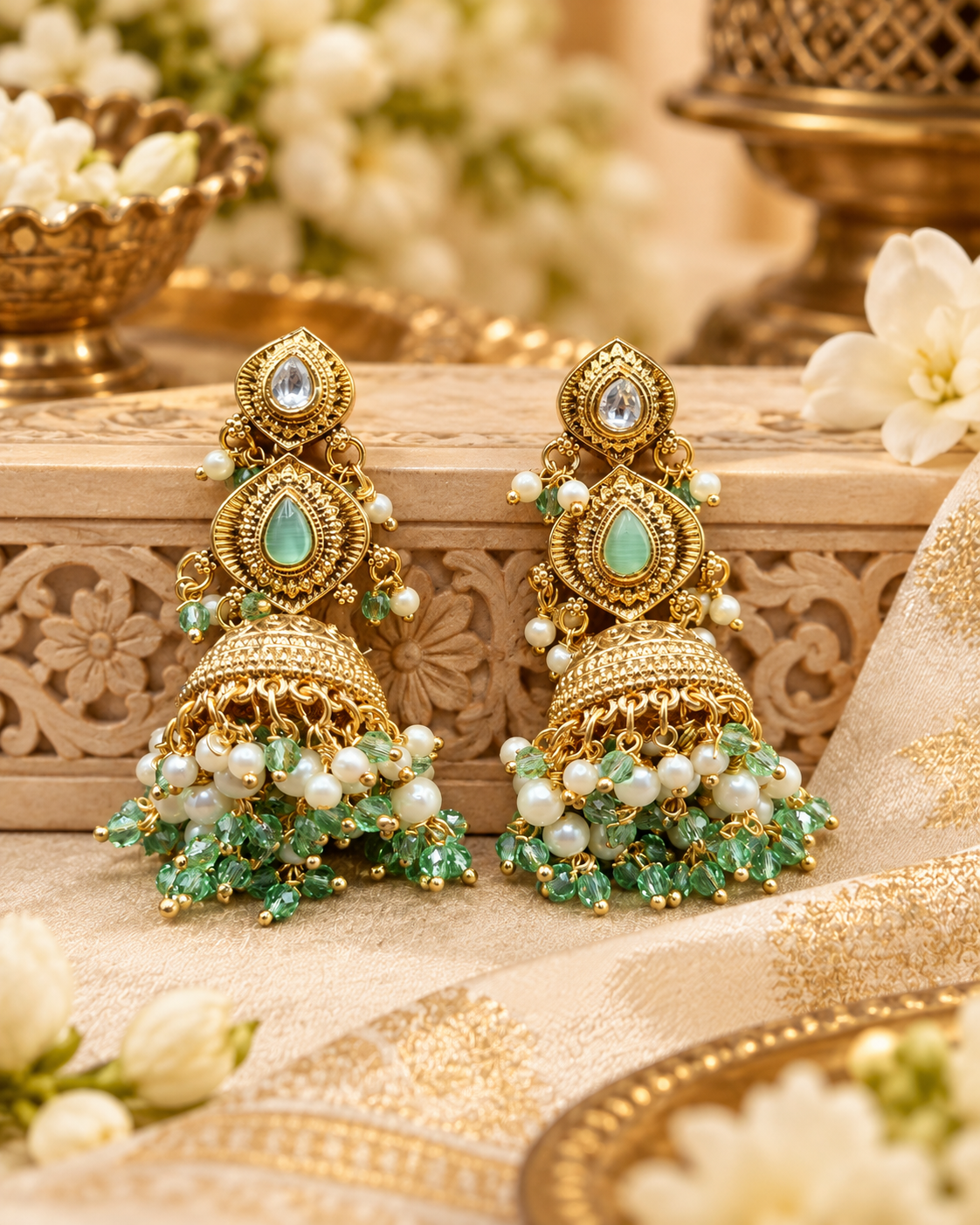 Antique Gold Finish Beaded Jhumka Earrings